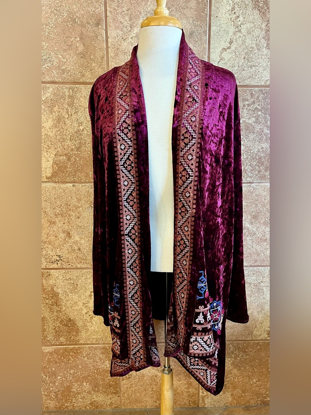 Andree by Unit Embroidered Velvet Open Front Kimono - Plum - Size 1X